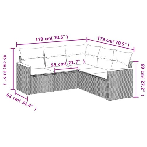 5-Piece Garden Sofa Set with Cushions Beige Poly Rattan Wicker Outdoor Patio Furniture - Image 3