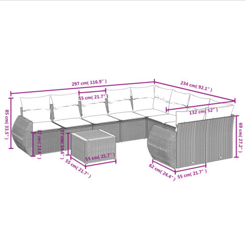 10-Piece Garden Sofa Set with Cushions Beige Poly Rattan Wicker Outdoor Patio Furniture - Image 8