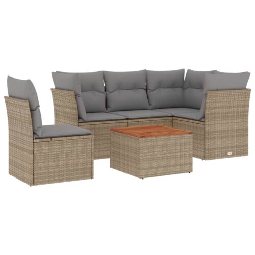 6-Piece Garden Sofa Set with Cushions Beige Poly Rattan Wicker Outdoor Patio Furniture