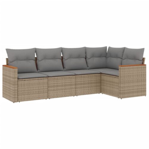 5-Piece Garden Sofa Set with Cushions Beige Poly Rattan Wicker Outdoor Patio Furniture - Image 5