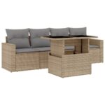 5-Piece Garden Sofa Set with Cushions Beige Poly Rattan Wicker Outdoor Patio Furniture