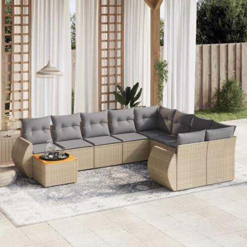 10-Piece Garden Sofa Set with Cushions Beige Poly Rattan Wicker Outdoor Patio Furniture - Image 2