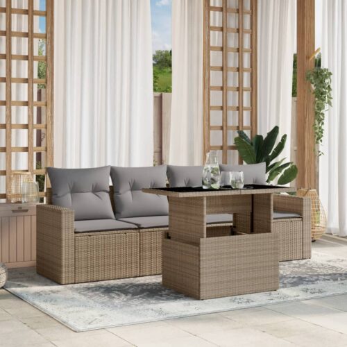 5-Piece Garden Sofa Set with Cushions Beige Poly Rattan Wicker Outdoor Patio Furniture - Image 2