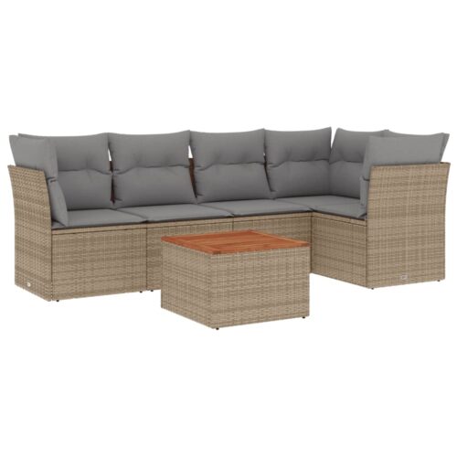 6-Piece Garden Sofa Set with Cushions Beige Poly Rattan Wicker Outdoor Patio Furniture