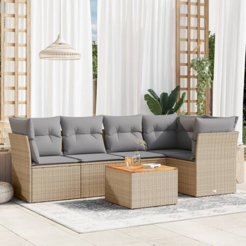 6-Piece Garden Sofa Set with Cushions Beige Poly Rattan Wicker Outdoor Patio Furniture - Image 2