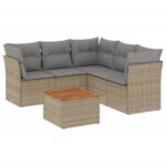 6-Piece Garden Sofa Set with Cushions Beige Poly Rattan Wicker Outdoor Patio Furniture
