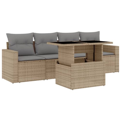 5-Piece Garden Sofa Set with Cushions Beige Poly Rattan Wicker Outdoor Patio Furniture - Image 13