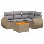 5-Piece Garden Sofa Set with Cushions Beige Poly Rattan Wicker Outdoor Patio Furniture
