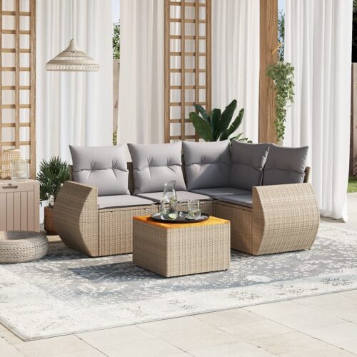 5-Piece Garden Sofa Set with Cushions Beige Poly Rattan Wicker Outdoor Patio Furniture - Image 2