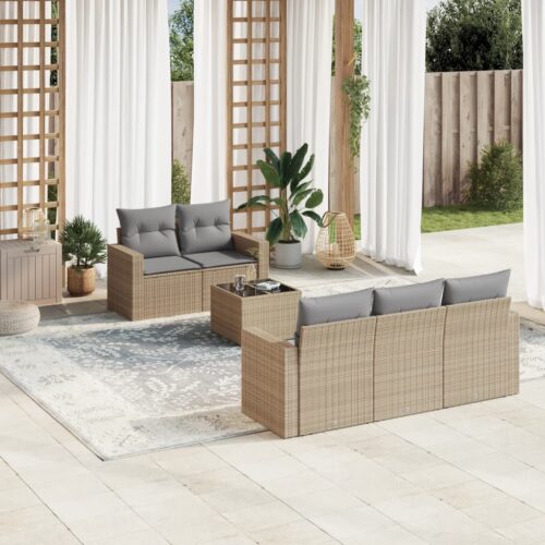 6-Piece Garden Sofa Set with Cushions Beige Poly Rattan Wicker Outdoor Patio Furniture - Image 2