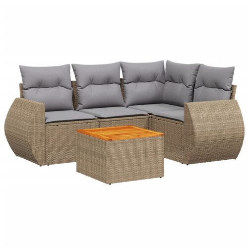 5-Piece Garden Sofa Set with Cushions Beige Poly Rattan Wicker Outdoor Patio Furniture - Image 5