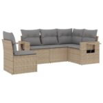 5-Piece Garden Sofa Set with Cushions Beige Poly Rattan Wicker Outdoor Patio Furniture