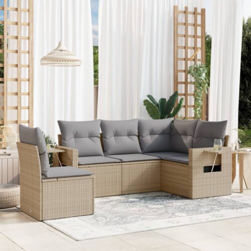 5-Piece Garden Sofa Set with Cushions Beige Poly Rattan Wicker Outdoor Patio Furniture - Image 2