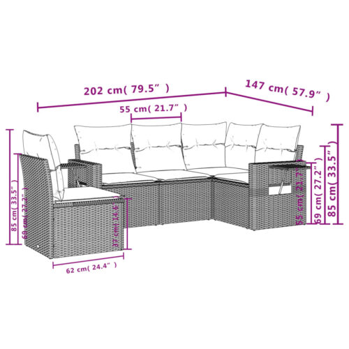 5-Piece Garden Sofa Set with Cushions Beige Poly Rattan Wicker Outdoor Patio Furniture - Image 3