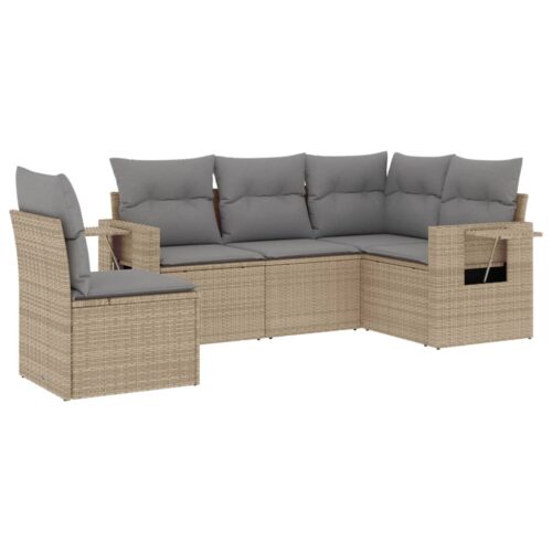 5-Piece Garden Sofa Set with Cushions Beige Poly Rattan Wicker Outdoor Patio Furniture - Image 5