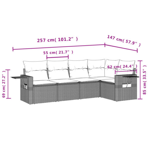 5-Piece Garden Sofa Set with Cushions Beige Poly Rattan Wicker Outdoor Patio Furniture - Image 3