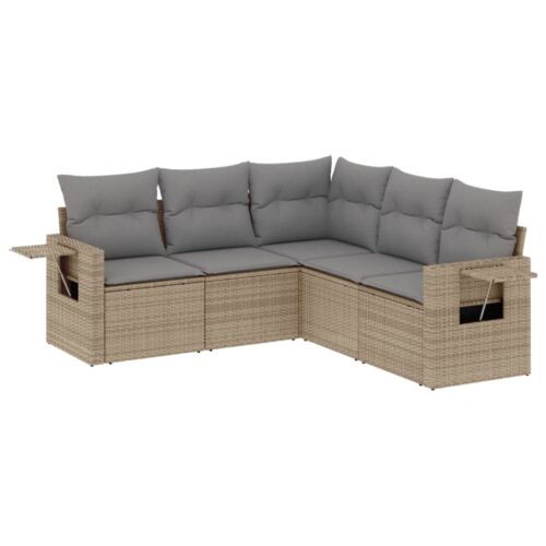 5-Piece Garden Sofa Set with Cushions Beige Poly Rattan Wicker Outdoor Patio Furniture