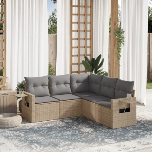 5-Piece Garden Sofa Set with Cushions Beige Poly Rattan Wicker Outdoor Patio Furniture - Image 2