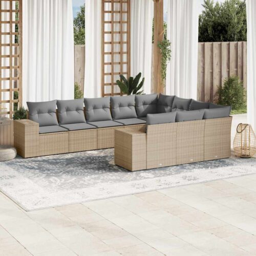 10-Piece Garden Sofa Set with Cushions Beige Poly Rattan Wicker Outdoor Patio Furniture - Image 2