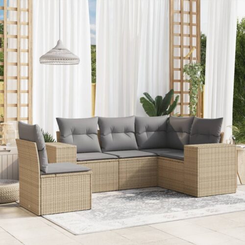 5-Piece Garden Sofa Set with Cushions Beige Poly Rattan Wicker Outdoor Patio Furniture - Image 2