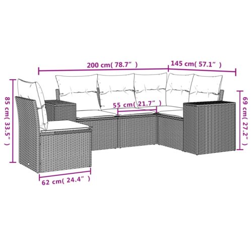 5-Piece Garden Sofa Set with Cushions Beige Poly Rattan Wicker Outdoor Patio Furniture - Image 7