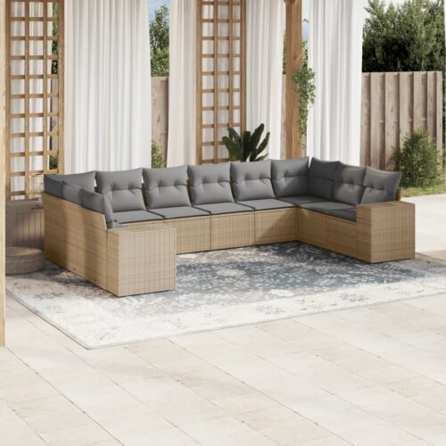 10-Piece Garden Sofa Set with Cushions Beige Poly Rattan Wicker Outdoor Patio Furniture - Image 2