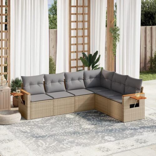 6-Piece Garden Sofa Set with Cushions Beige Poly Rattan Wicker Outdoor Patio Furniture - Image 2