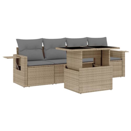 5-Piece Garden Sofa Set with Cushions Beige Poly Rattan Wicker Outdoor Patio Furniture