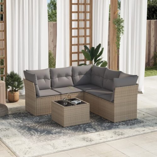 6-Piece Garden Sofa Set with Cushions Beige Poly Rattan Wicker Outdoor Patio Furniture - Image 2