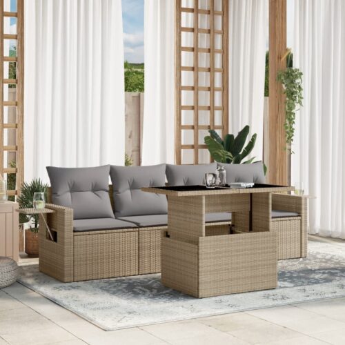 5-Piece Garden Sofa Set with Cushions Beige Poly Rattan Wicker Outdoor Patio Furniture - Image 2