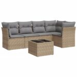 6-Piece Garden Sofa Set with Cushions Beige Poly Rattan Wicker Outdoor Patio Furniture