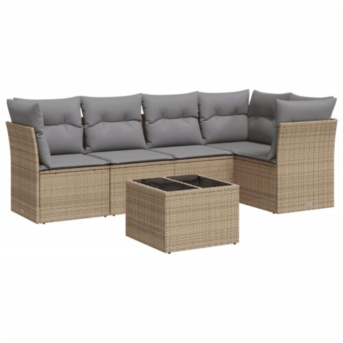 6-Piece Garden Sofa Set with Cushions Beige Poly Rattan Wicker Outdoor Patio Furniture