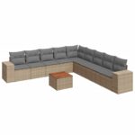 10-Piece Garden Sofa Set with Cushions Beige Poly Rattan Wicker Outdoor Patio Furniture