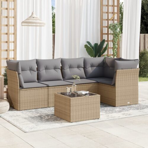 6-Piece Garden Sofa Set with Cushions Beige Poly Rattan Wicker Outdoor Patio Furniture - Image 2