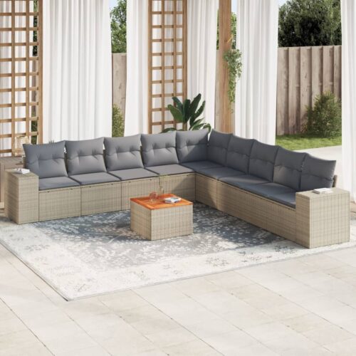 10-Piece Garden Sofa Set with Cushions Beige Poly Rattan Wicker Outdoor Patio Furniture - Image 2