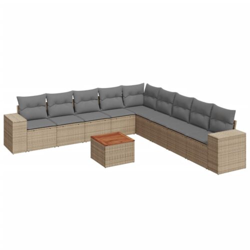 10-Piece Garden Sofa Set with Cushions Beige Poly Rattan Wicker Outdoor Patio Furniture - Image 5