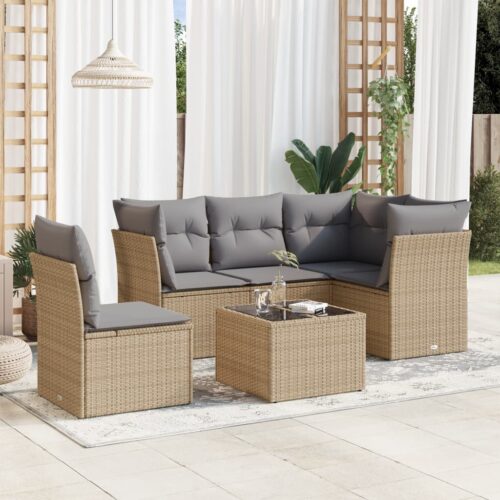 6-Piece Garden Sofa Set with Cushions Beige Poly Rattan Wicker Outdoor Patio Furniture - Image 2