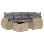 5-Piece Garden Sofa Set with Cushions Beige Poly Rattan Wicker Outdoor Patio Furniture