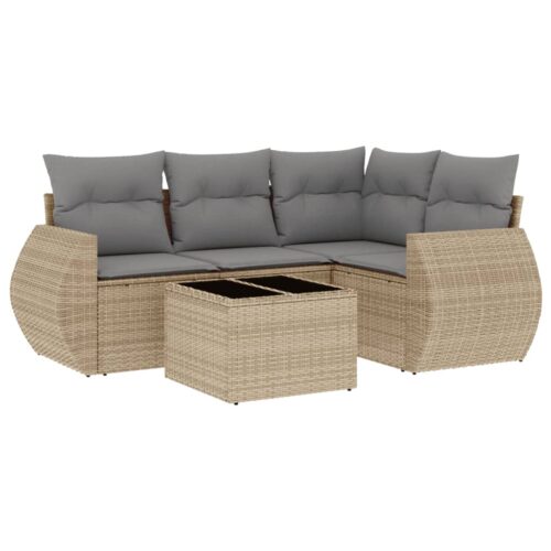 5-Piece Garden Sofa Set with Cushions Beige Poly Rattan Wicker Outdoor Patio Furniture