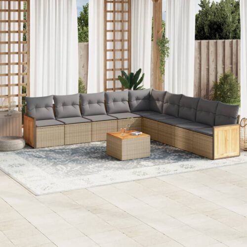 10-Piece Garden Sofa Set with Cushions Beige Poly Rattan Wicker Outdoor Patio Furniture - Image 2