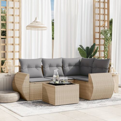 5-Piece Garden Sofa Set with Cushions Beige Poly Rattan Wicker Outdoor Patio Furniture - Image 2