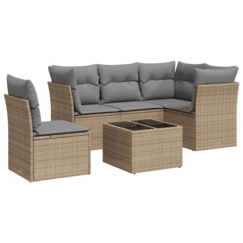 6-Piece Garden Sofa Set with Cushions Beige Poly Rattan Wicker Outdoor Patio Furniture - Image 5