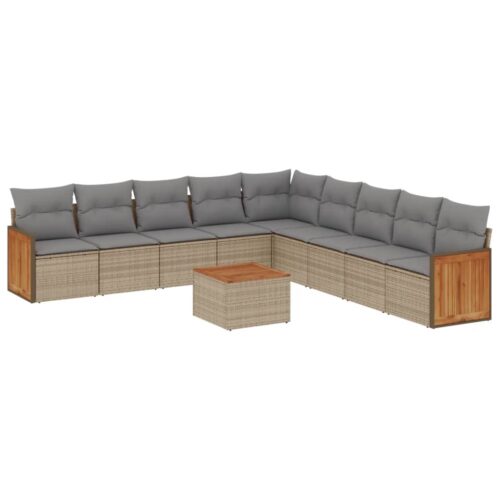 10-Piece Garden Sofa Set with Cushions Beige Poly Rattan Wicker Outdoor Patio Furniture - Image 5