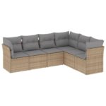 6-Piece Garden Sofa Set with Cushions Beige Poly Rattan Wicker Outdoor Patio Furniture