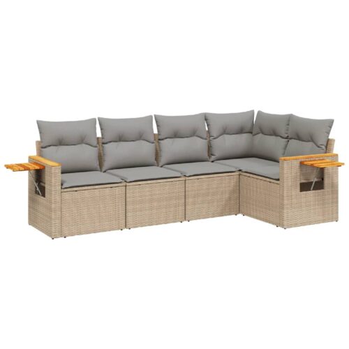 5-Piece Garden Sofa Set with Cushions Beige Poly Rattan Wicker Outdoor Patio Furniture