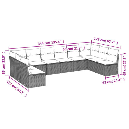 10-Piece Garden Sofa Set with Cushions Beige Poly Rattan Wicker Outdoor Patio Furniture - Image 3
