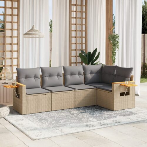5-Piece Garden Sofa Set with Cushions Beige Poly Rattan Wicker Outdoor Patio Furniture - Image 2