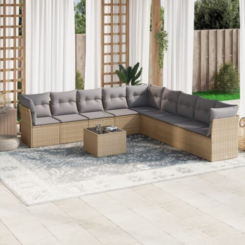 10-Piece Garden Sofa Set with Cushions Beige Poly Rattan Wicker Outdoor Patio Furniture - Image 2