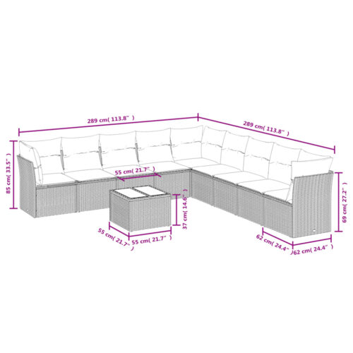 10-Piece Garden Sofa Set with Cushions Beige Poly Rattan Wicker Outdoor Patio Furniture - Image 3