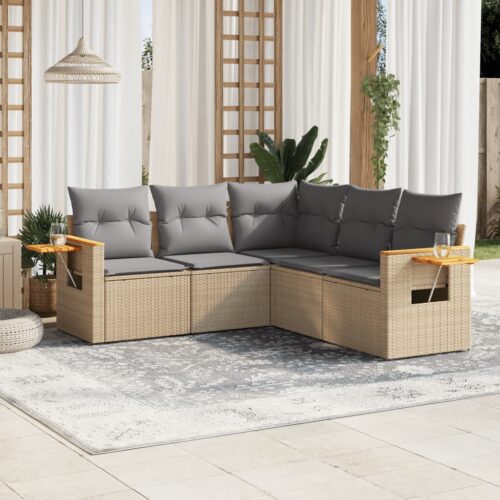 5-Piece Garden Sofa Set with Cushions Beige Poly Rattan Wicker Outdoor Patio Furniture - Image 2